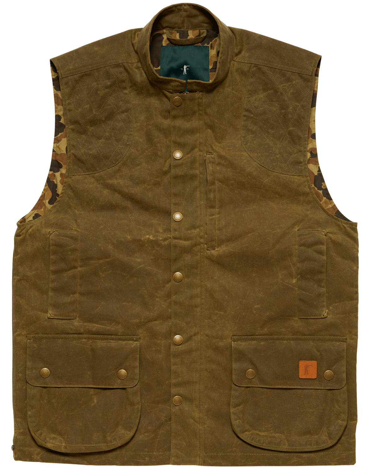 Ball and Buck Upland Vest in Olive waxed cotton, front view with flap pockets and leather patch