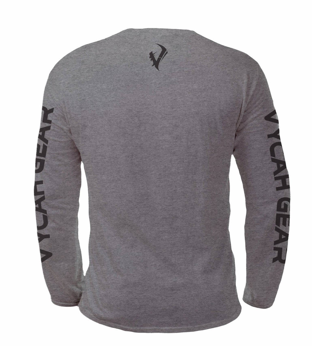 Gray long sleeve hunting shirt with VYCAH GEAR print on sleeves and logo on back, ideal for outdoor adventures