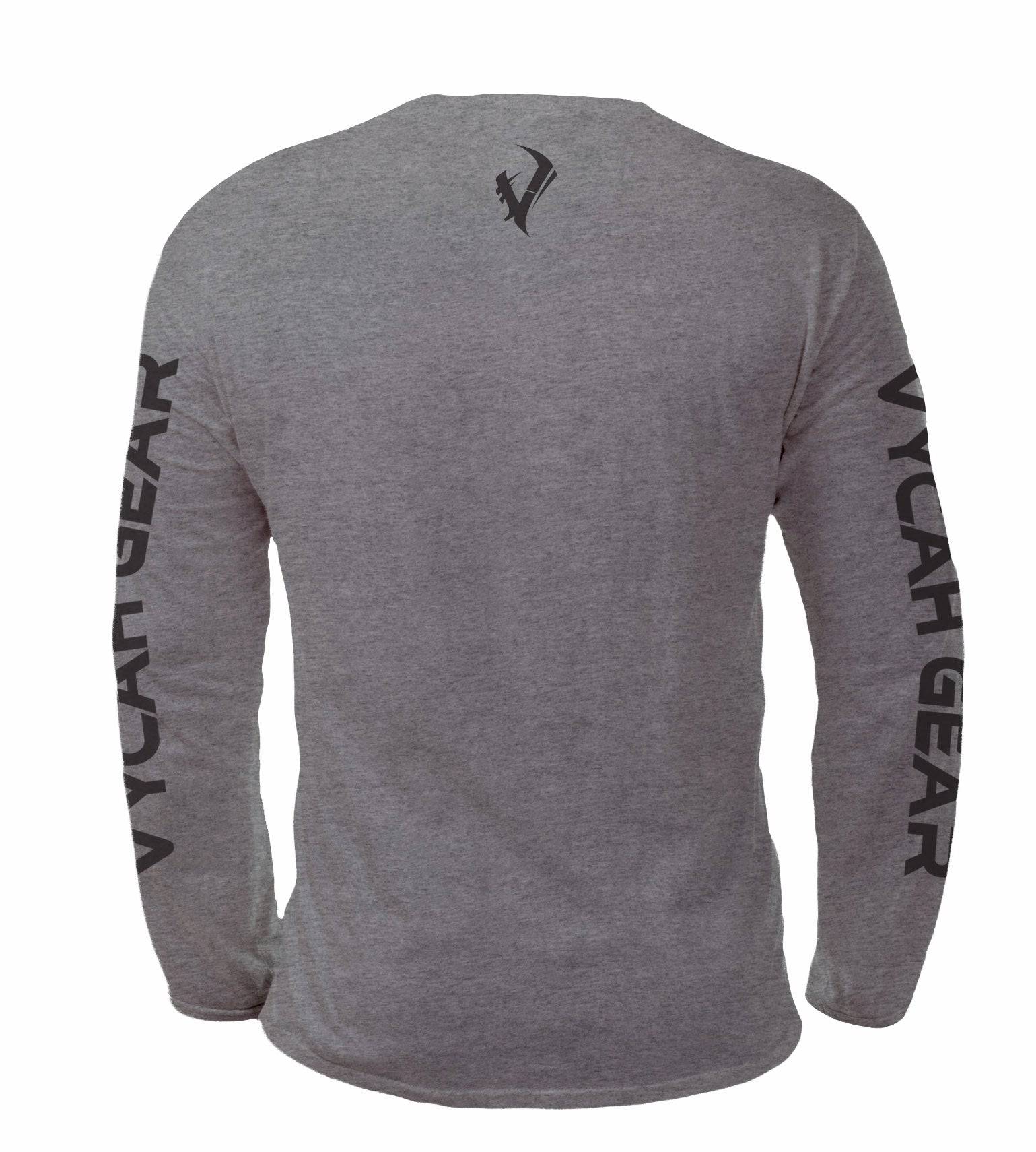 Gray long sleeve hunting shirt with VYCAH GEAR print on sleeves and logo on back, ideal for outdoor adventures