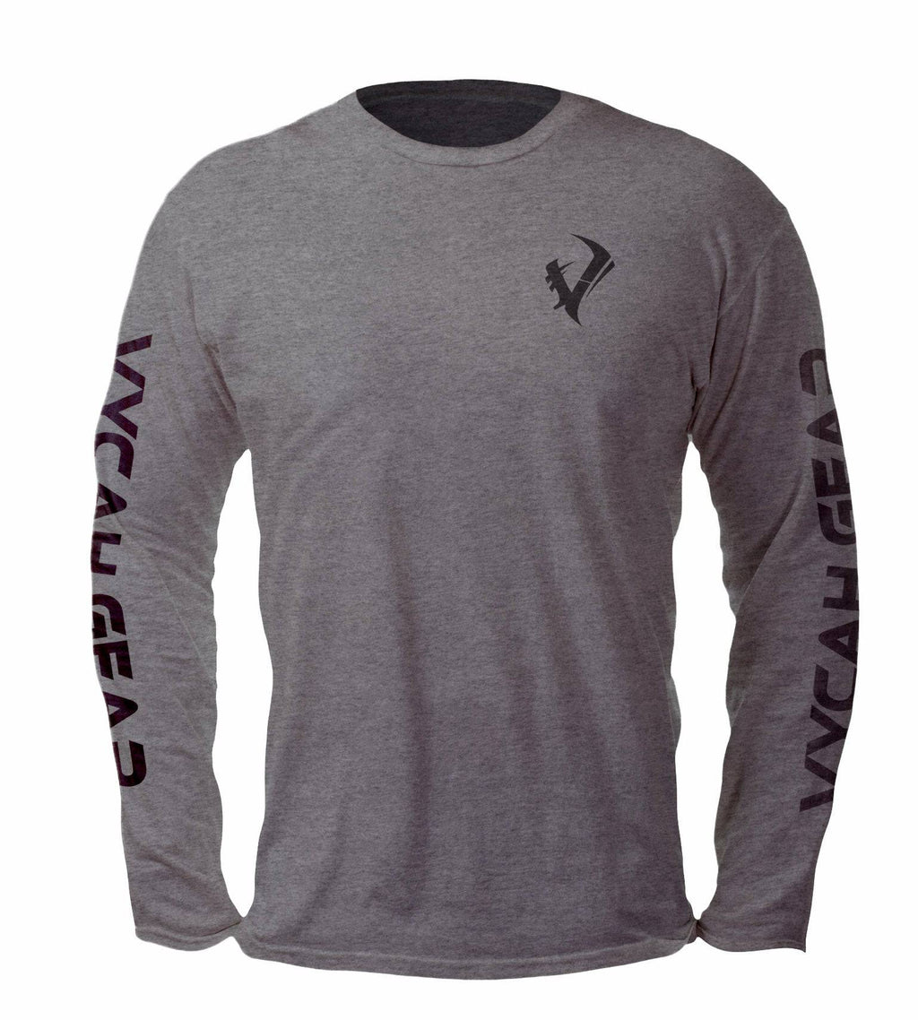 Gray long sleeve hunting shirt with VYCAN GEAR logo on sleeves and chest, ideal for outdoor adventures.