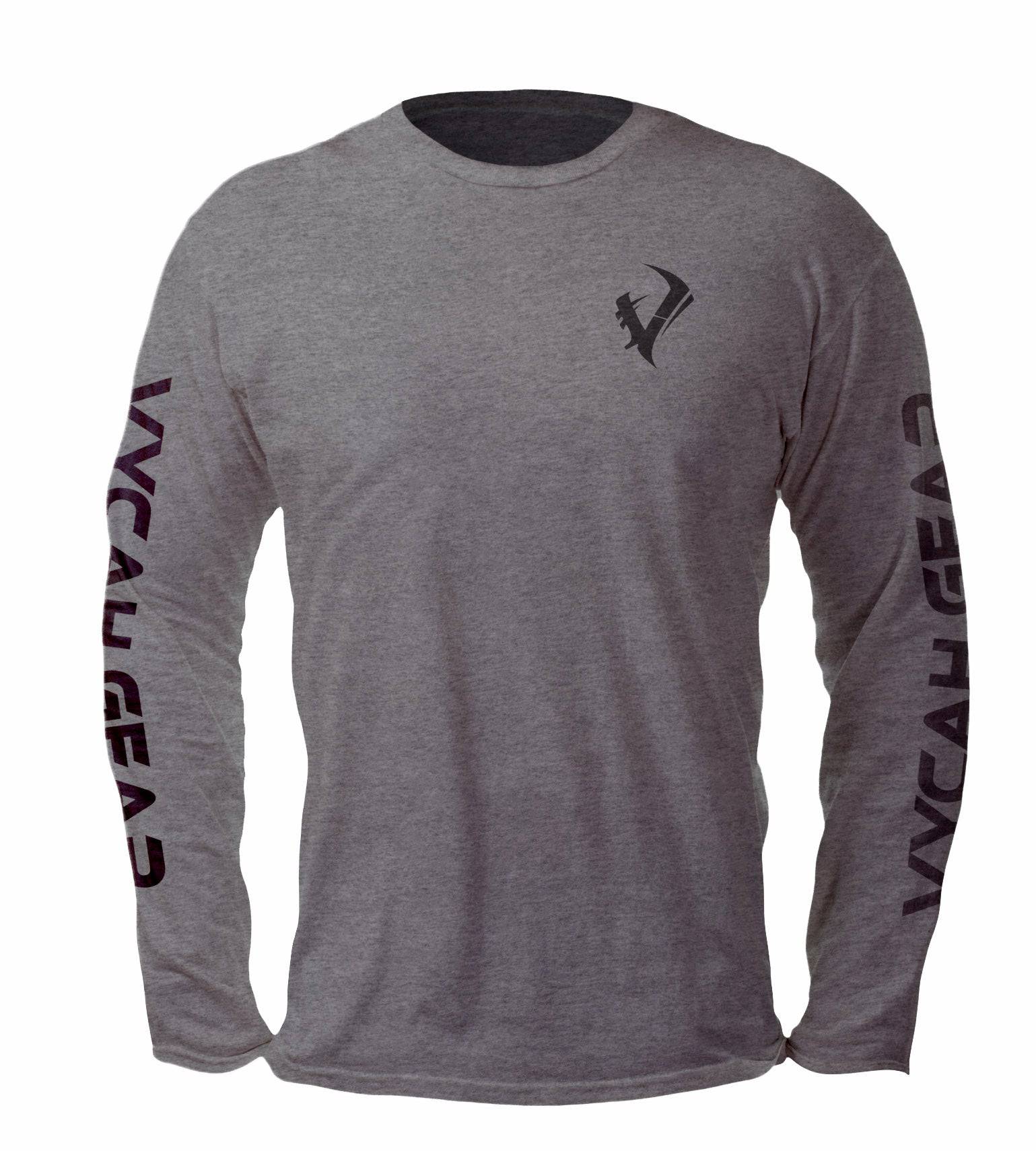 Gray long sleeve hunting shirt with VYCAN GEAR logo on sleeves and chest, ideal for outdoor adventures.