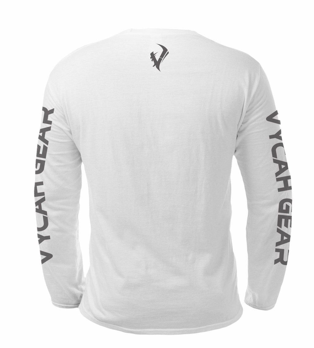 White long sleeve hunting shirt with VYCAH GEAR text on sleeves and logo on back, ideal for outdoor adventures.