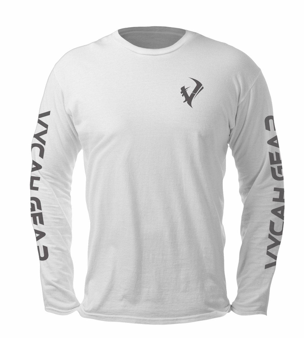 White long sleeve hunting shirt with gray VYCAN GEAR logo on chest and sleeves, ideal for outdoor adventures