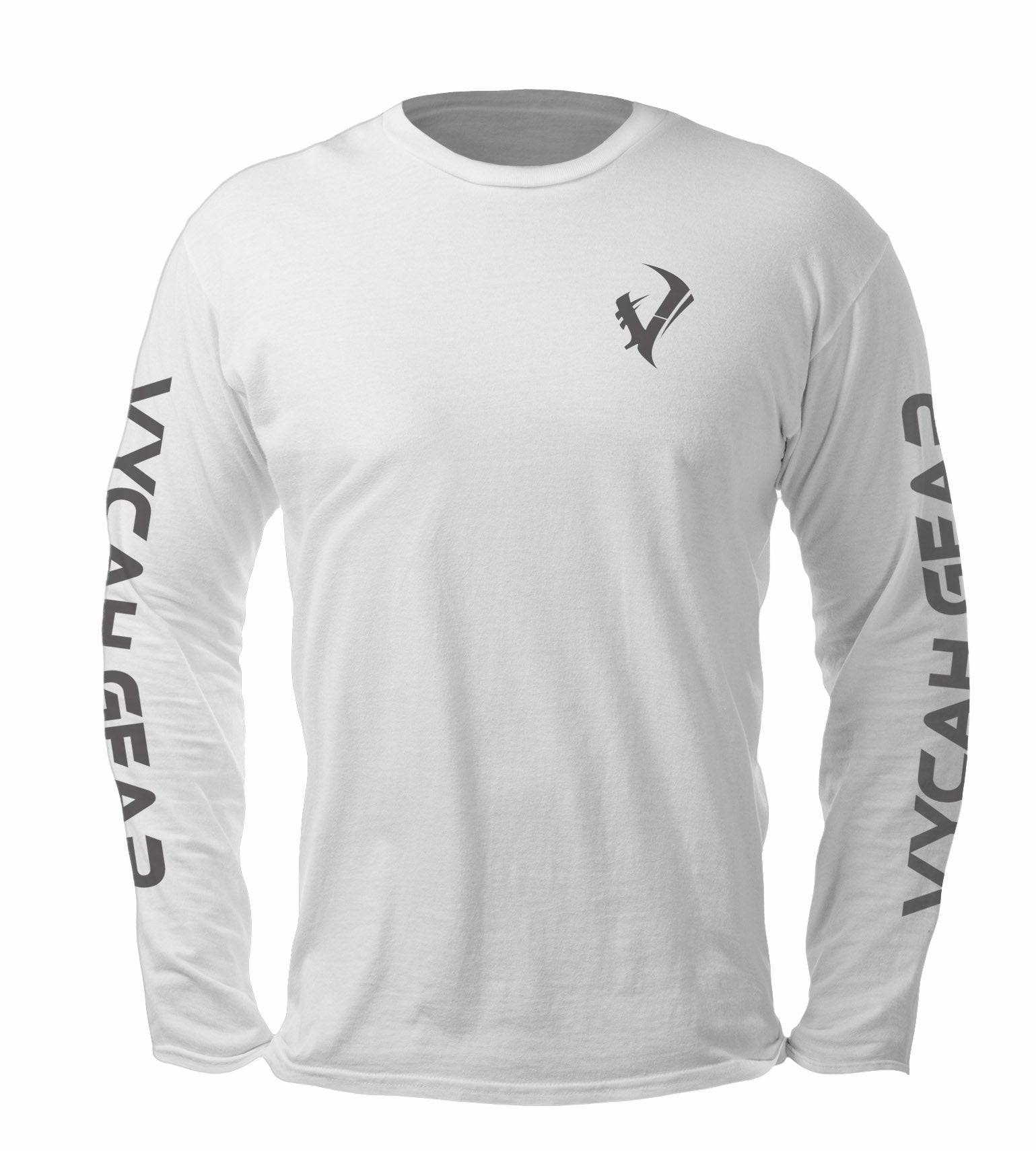 White long sleeve hunting shirt with gray VYCAN GEAR logo on chest and sleeves, ideal for outdoor adventures