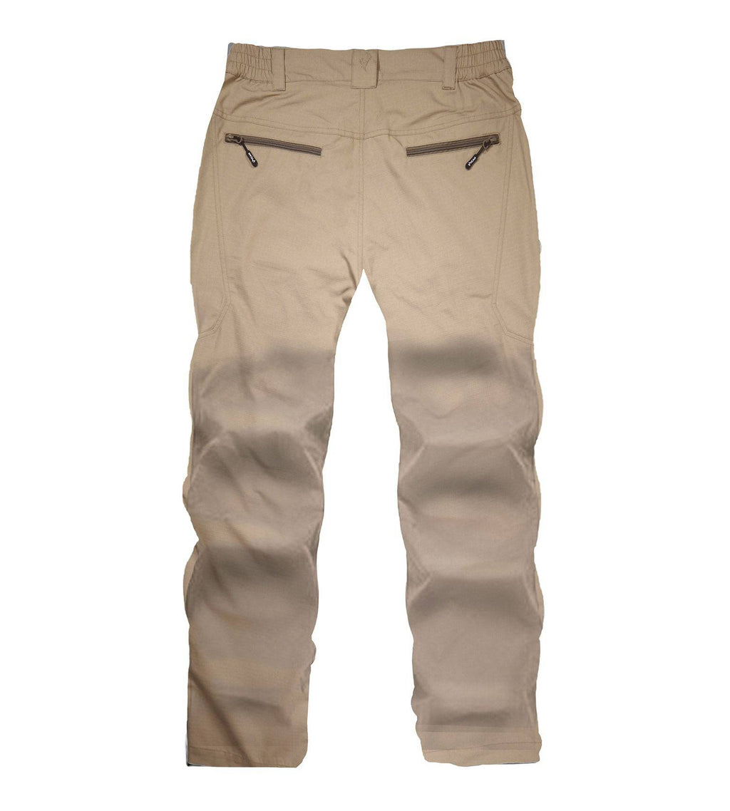 Tan hunting pants with zippered back pockets, elastic waist, durable outdoor fabric for hiking and field use