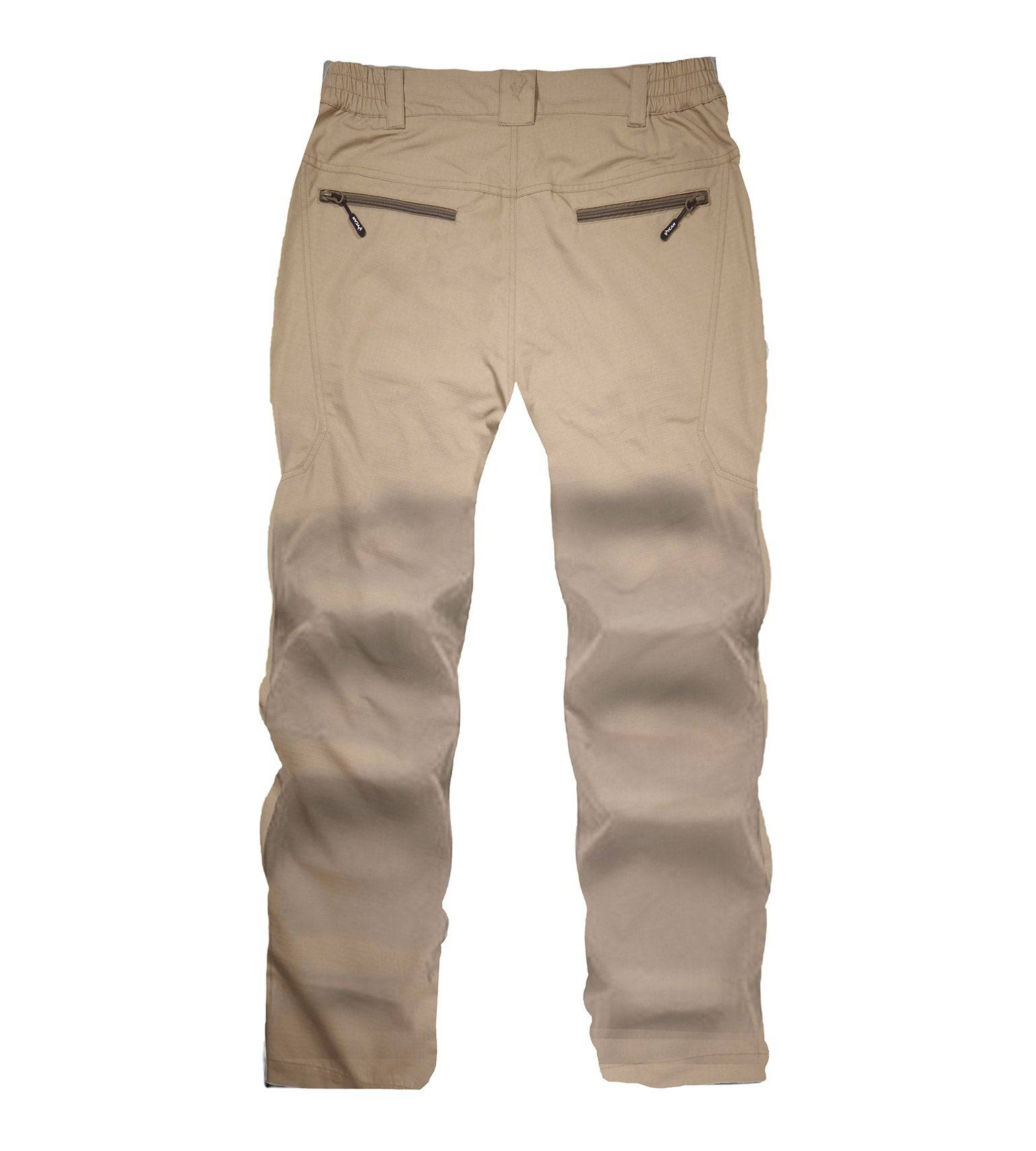 Tan hunting pants with zippered back pockets, elastic waist, durable outdoor fabric for hiking and field use