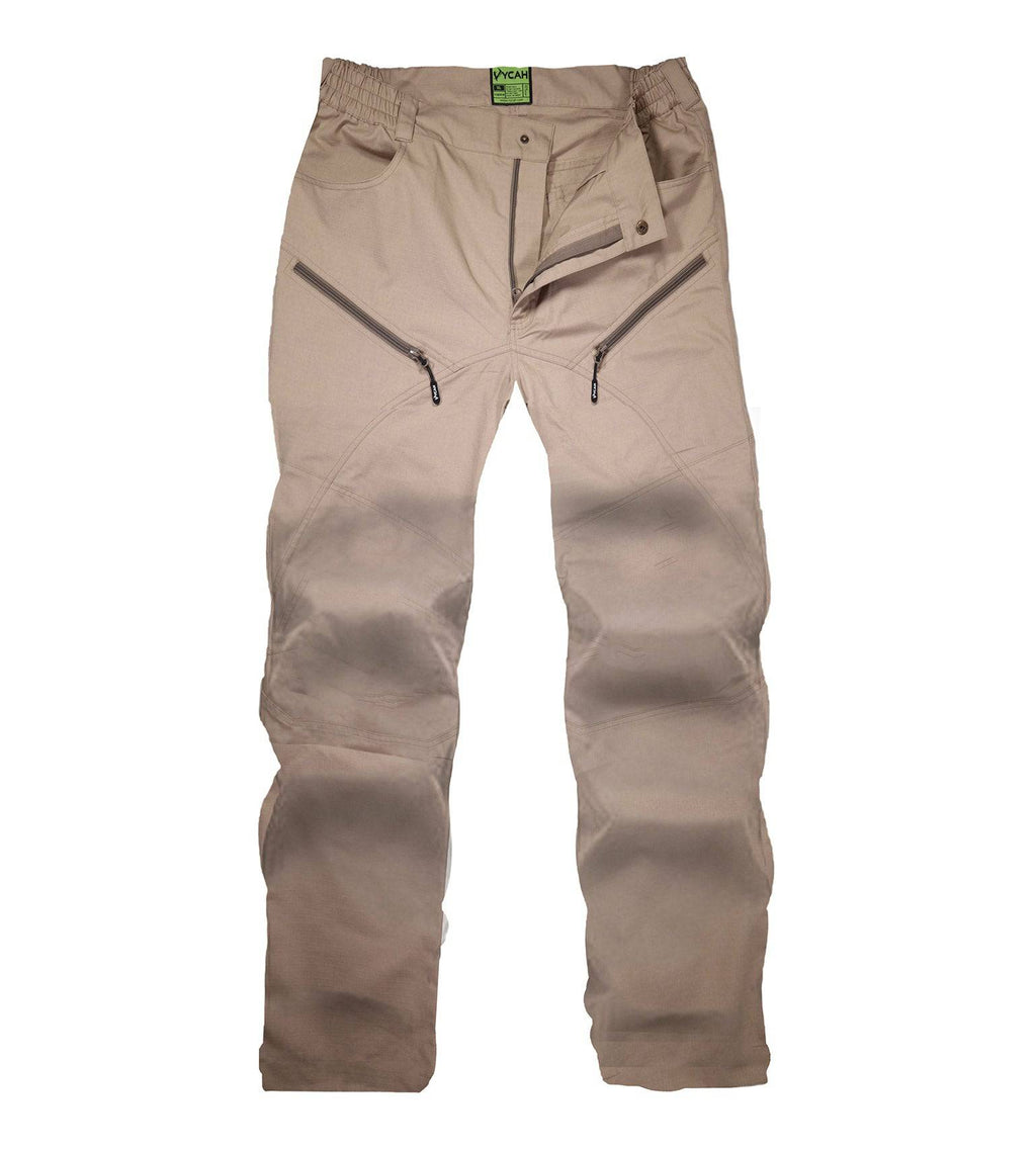 Tan tactical hunting pants with zippered pockets and elastic waist for outdoor use