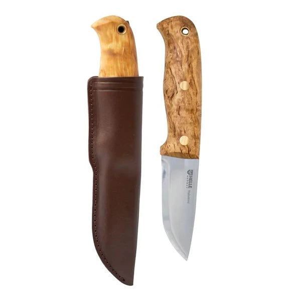 Hunting knife with olive wood handle and leather sheath, ideal for outdoor survival and camping gear