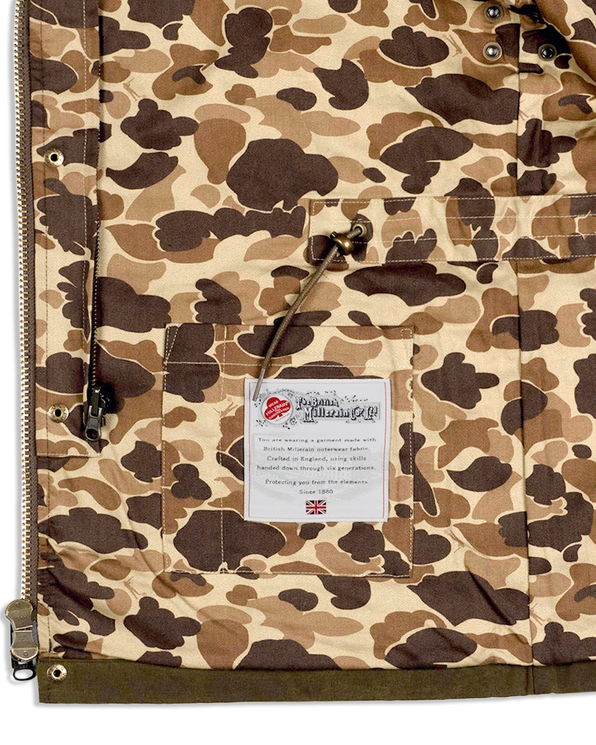 Original Camo lining with maker label, right side of the Waxed Field Jacket