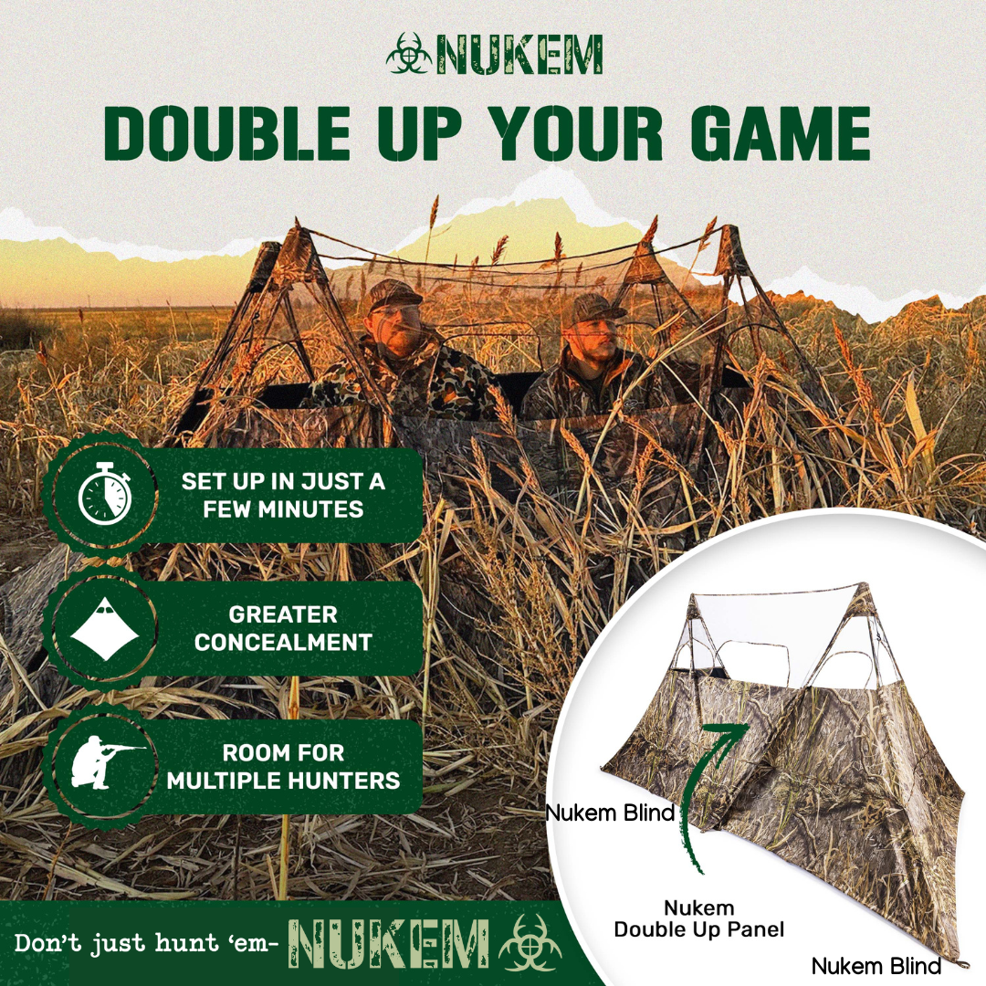 Nukem Double Up hunting blind with camo pattern, setup for multiple hunters in field