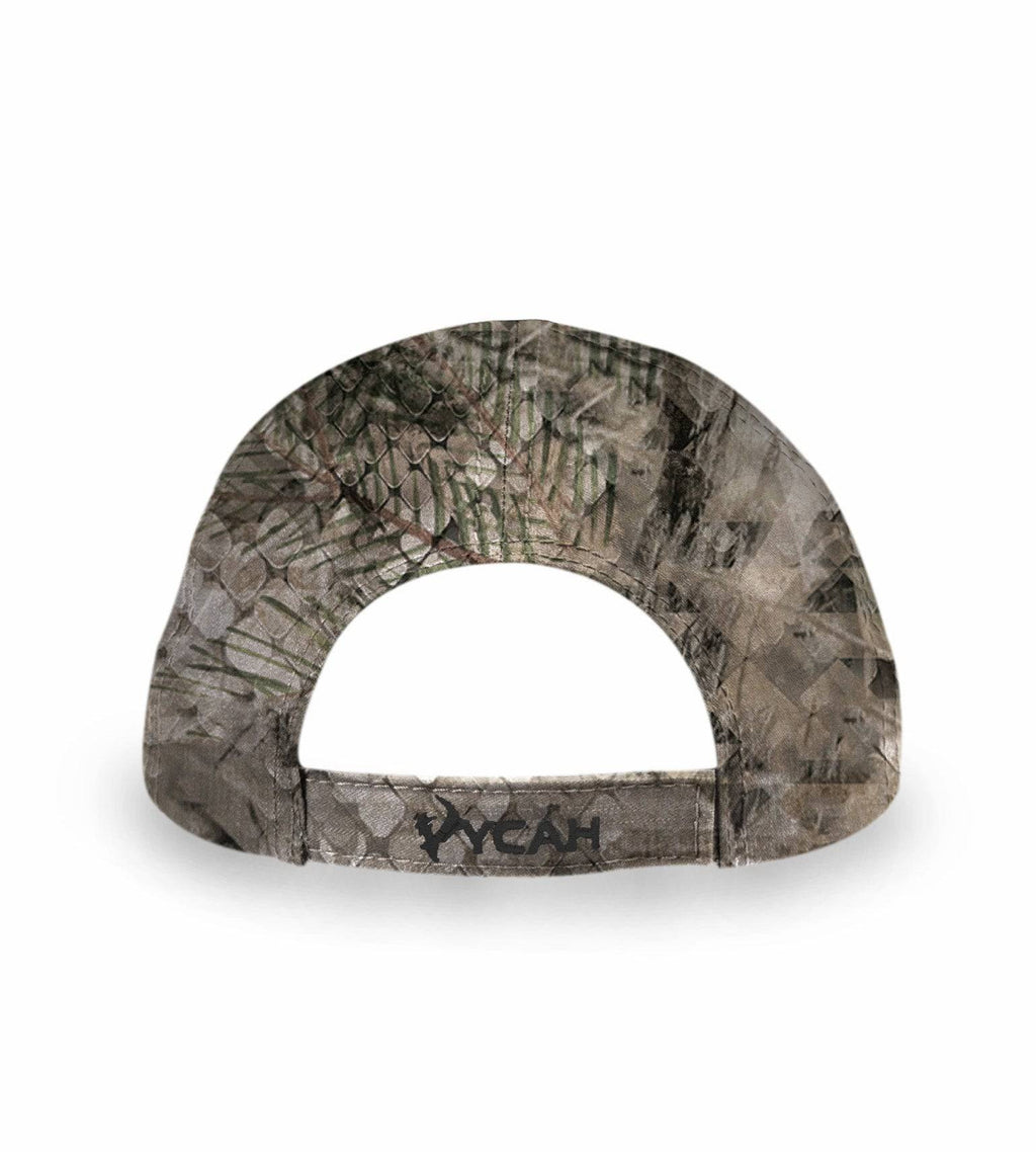 Camo hunting cap with VYCAH logo, ideal for outdoor and hunting use