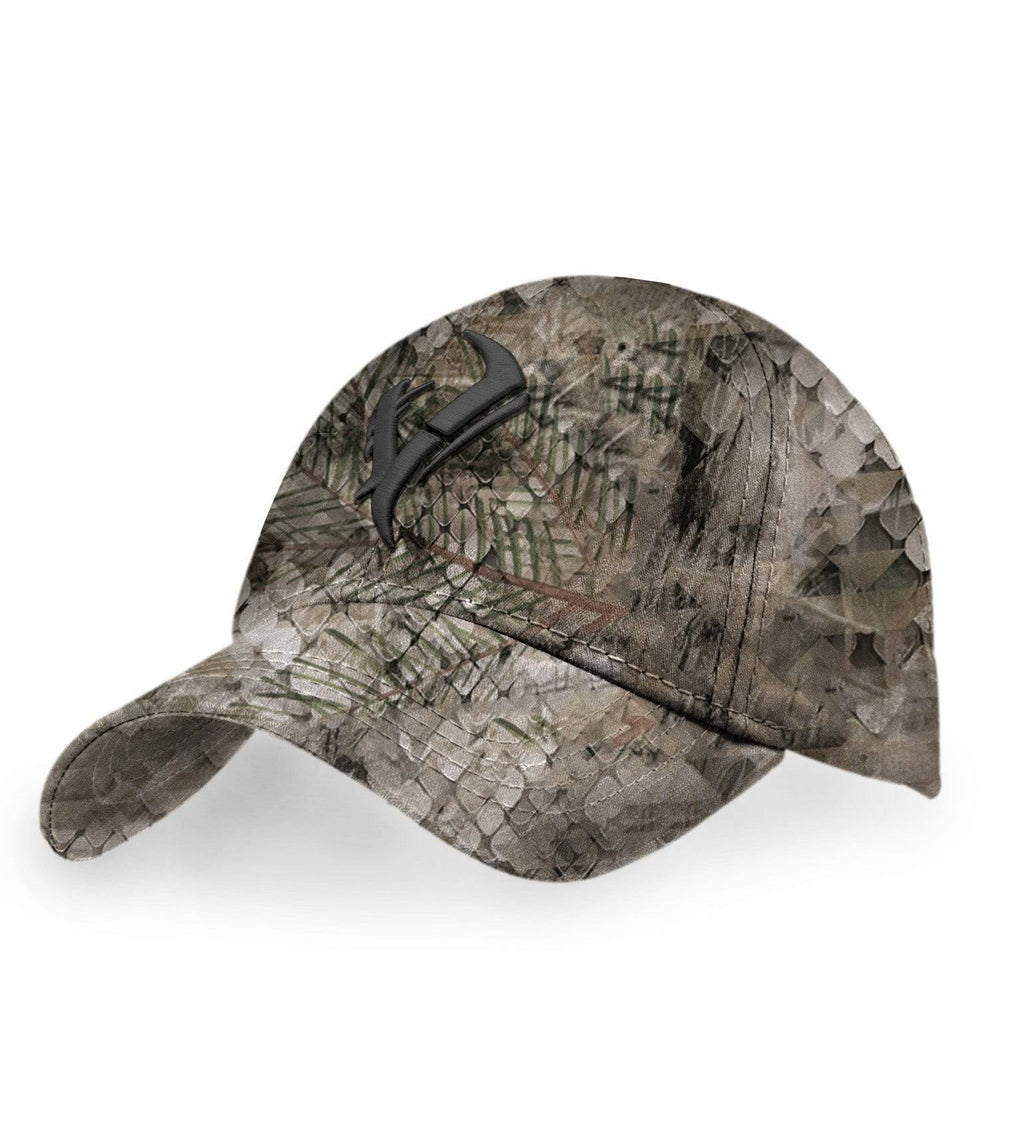 Camo hunting cap with black deer logo, ideal for outdoor hunting and concealment in woodland settings.