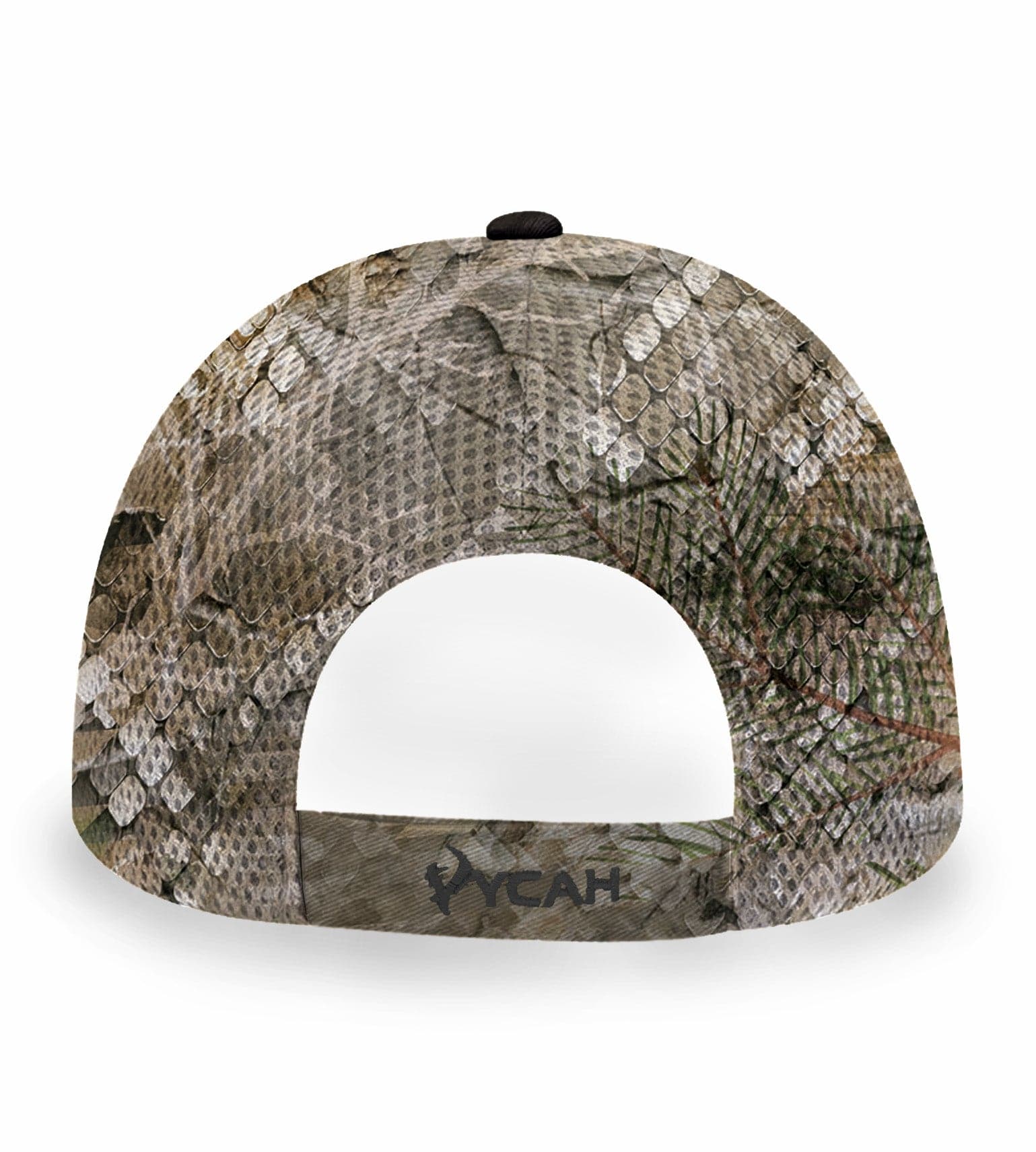 Snake skin camo hunting cap with pine needle pattern, adjustable back, ideal for outdoor concealment