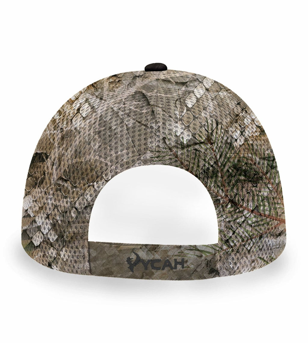 Snake skin camo hunting hat with pine needle pattern, adjustable back, ideal for outdoor hunting gear