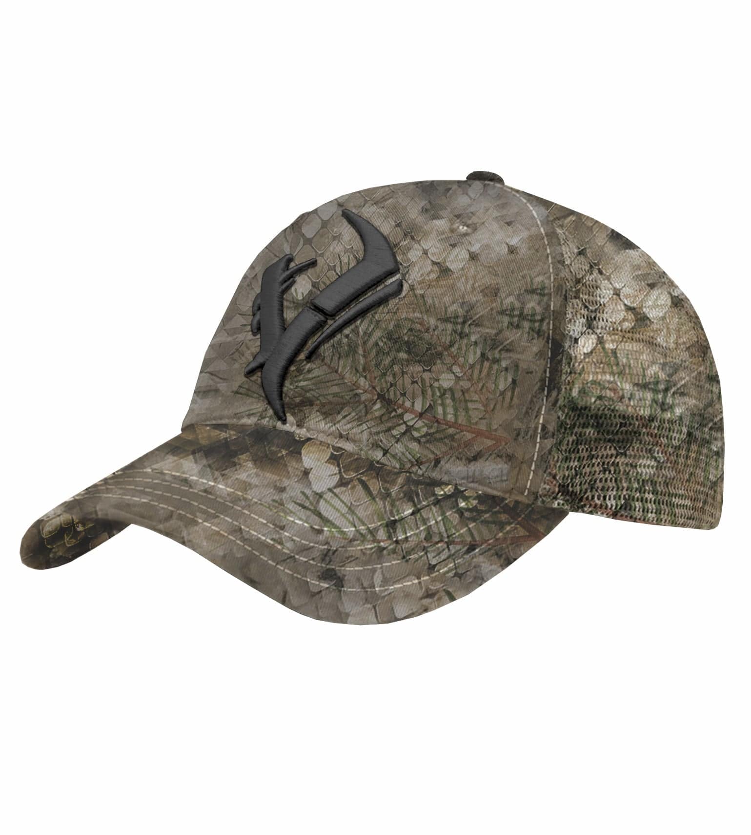 Camo hunting cap with black antler logo, mesh back, ideal for outdoor adventures