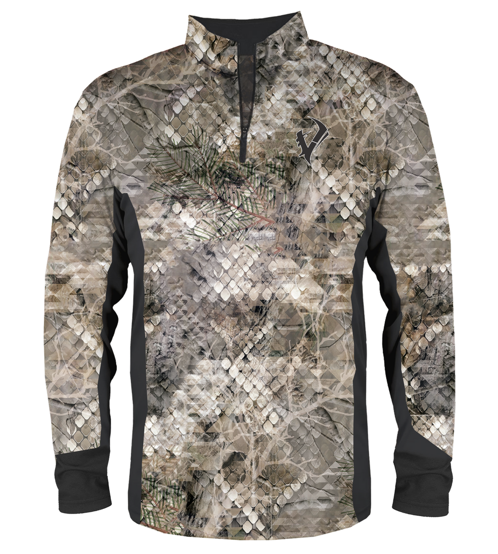 Snake skin camo hunting quarter-zip pullover with black accents and pine branch print for outdoor concealment