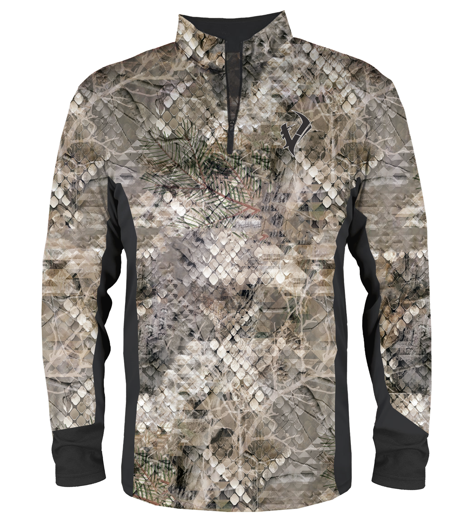 Snake skin camo hunting quarter-zip pullover with black accents and pine branch print for outdoor concealment