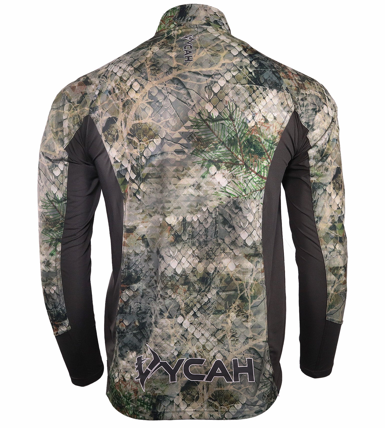 HYCAH camo hunting shirt with snake skin pattern, black sleeves, and pine branch design for outdoor concealment