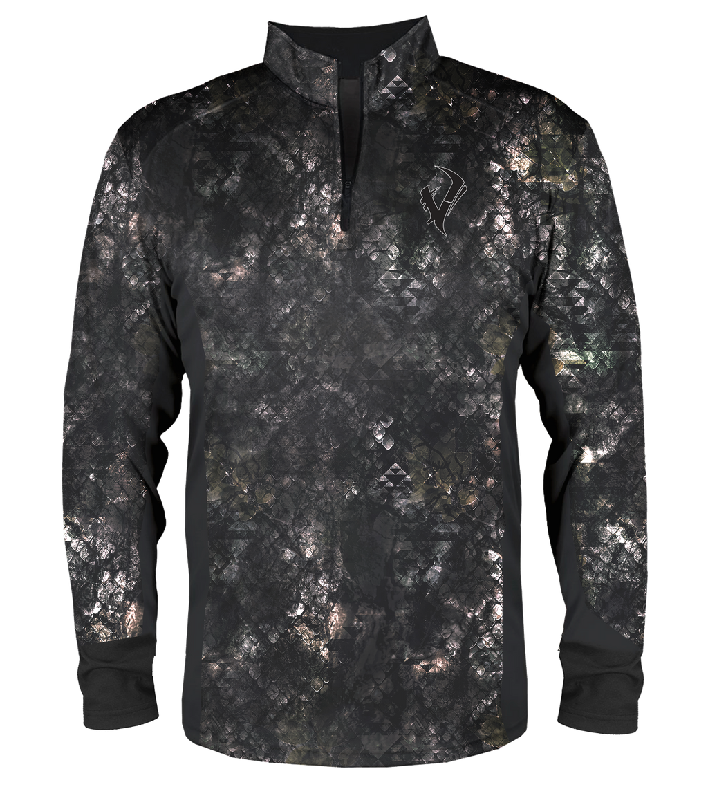 Black camo hunting quarter-zip pullover with geometric pattern and logo