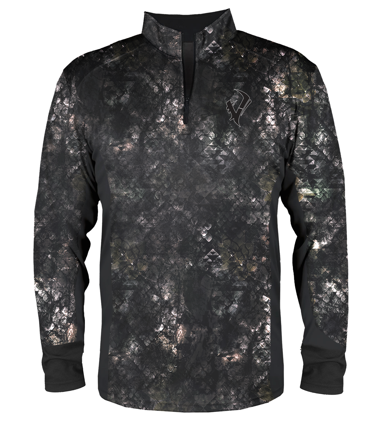 Black camo hunting quarter-zip pullover with geometric pattern and logo
