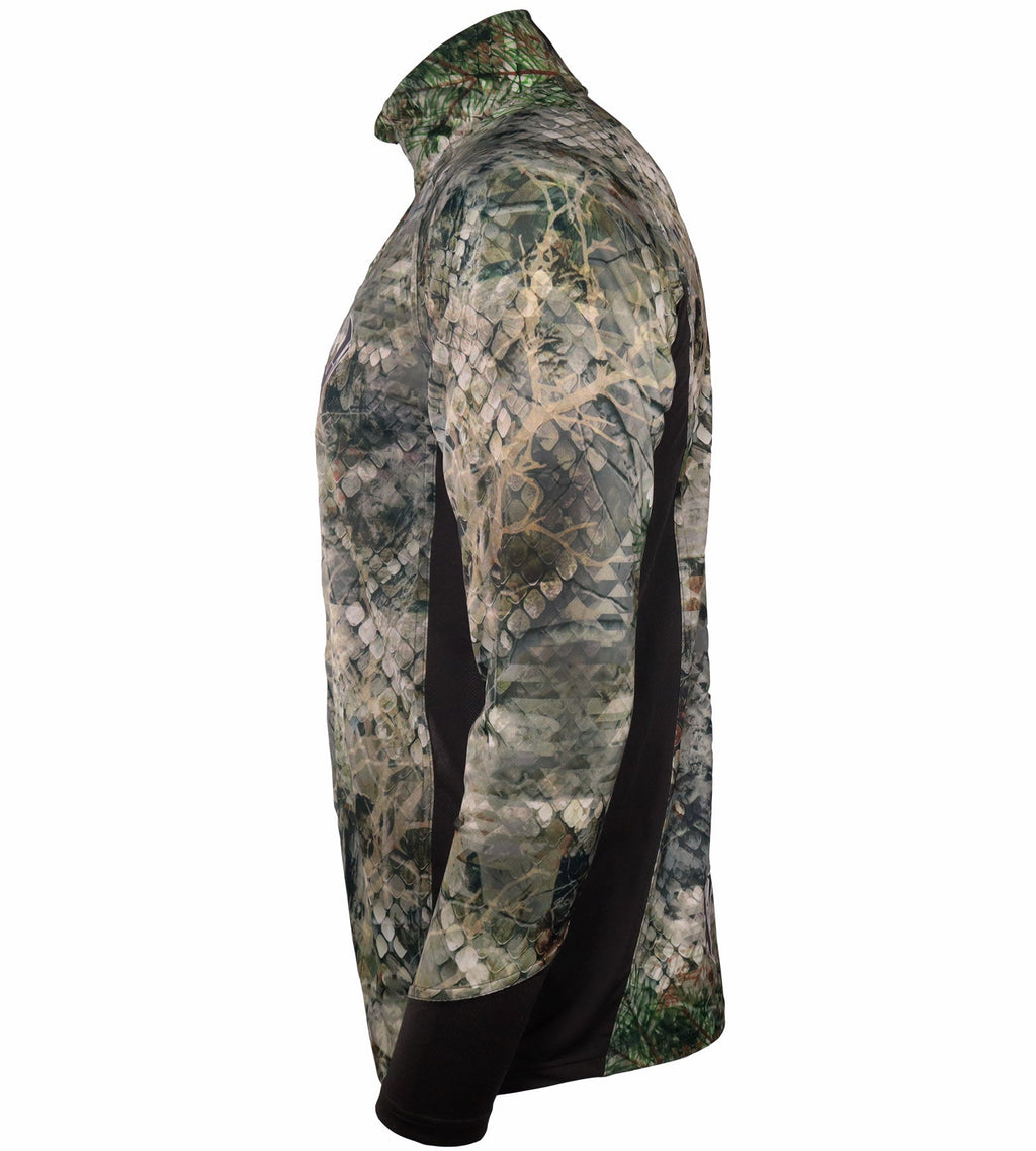 Men's long sleeve hunting shirt with Realtree camo pattern and black side panels for outdoor concealment