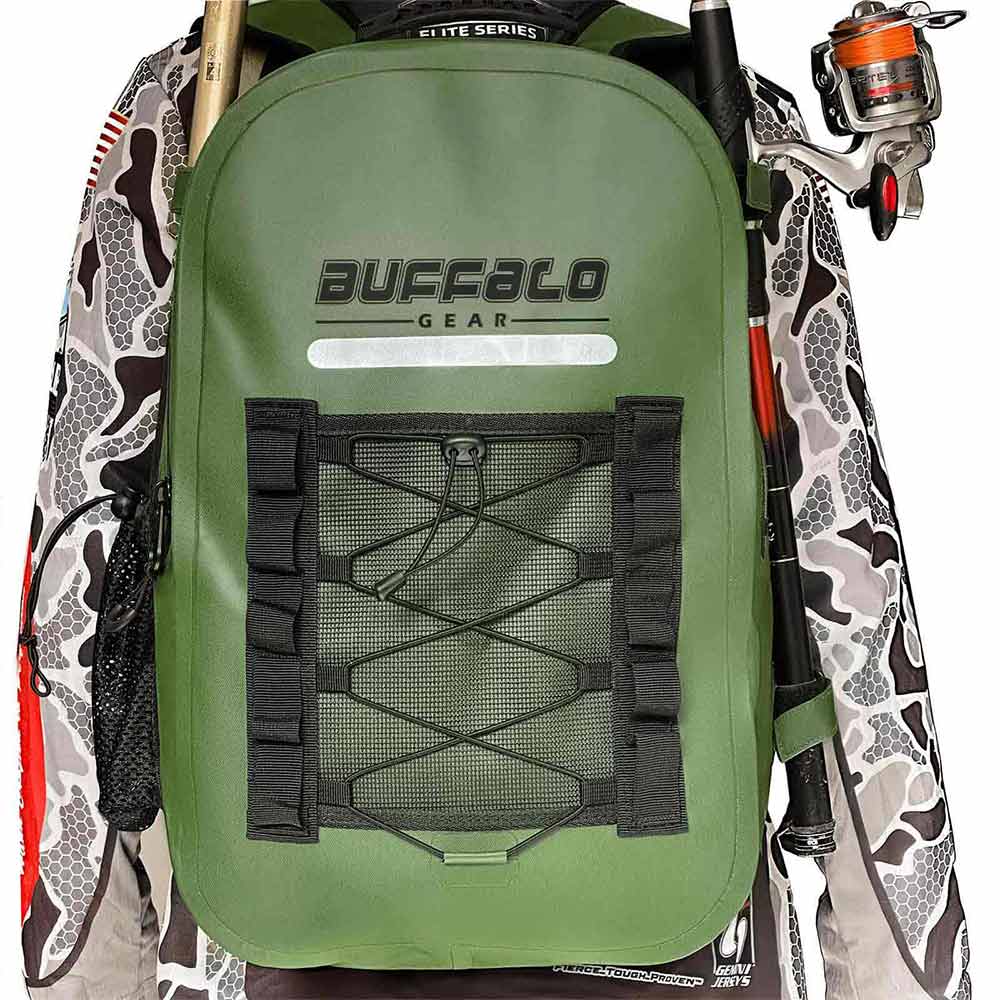 Buffalo Gear olive green fishing backpack with camo sides, mesh pocket, and rod holders for outdoor adventures