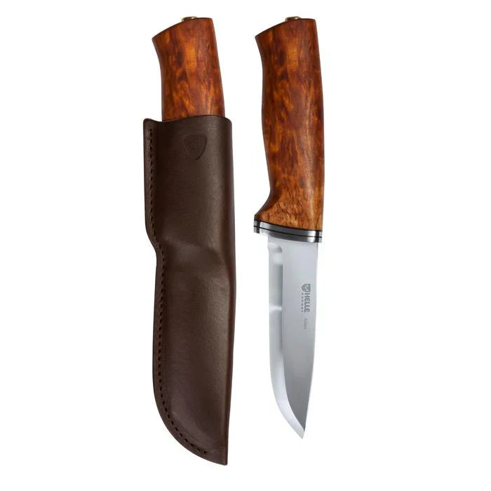 Hunting knife with wood grain handle and brown leather sheath, ideal for outdoor survival and field use