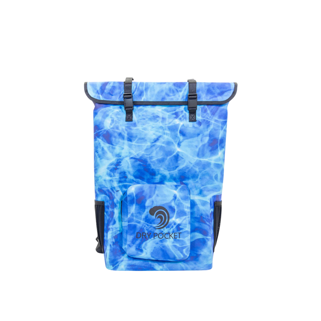 Blue water ripple pattern dry bag with roll-top closure and front pocket for outdoor gear storage