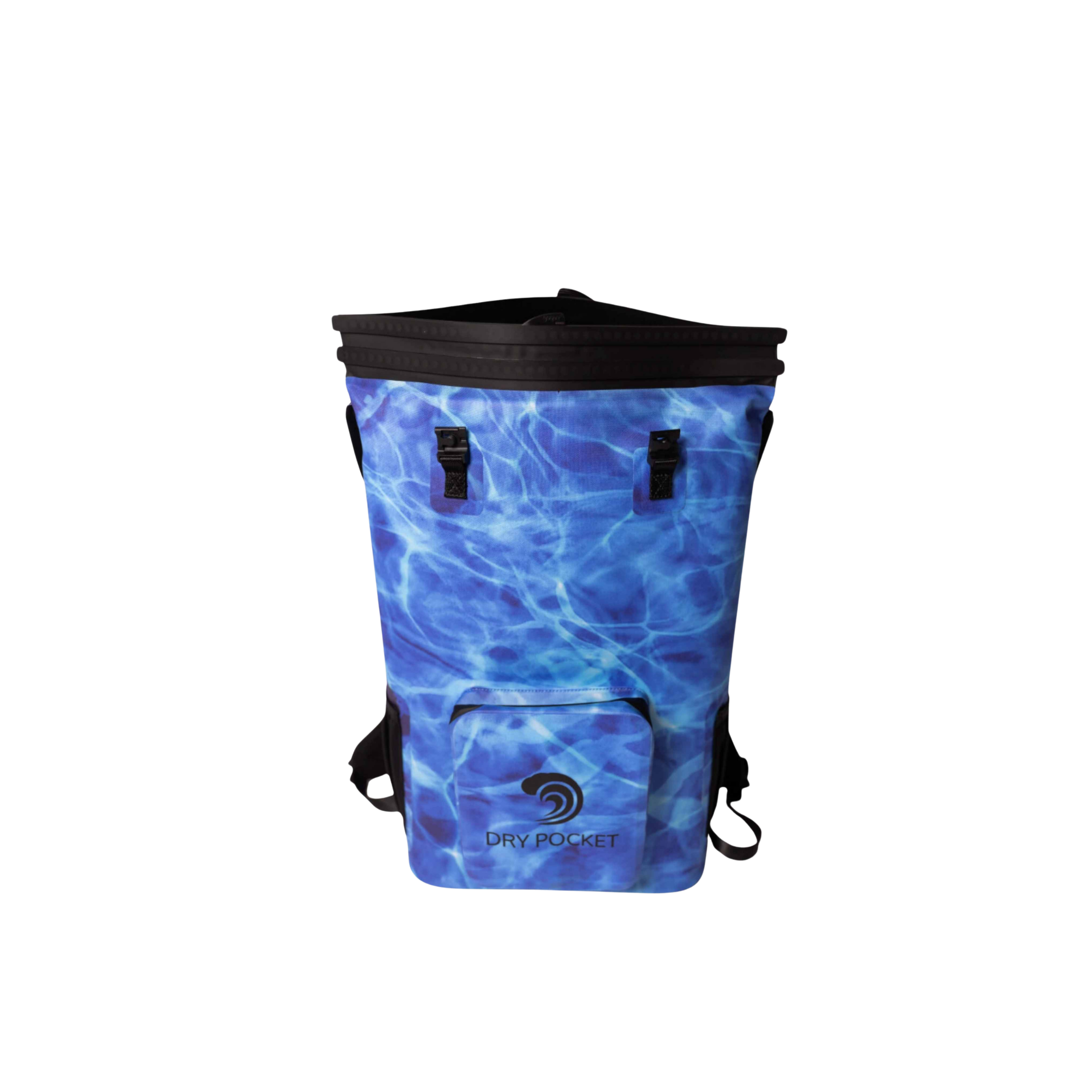 Blue water ripple pattern dry bag with black straps, waterproof outdoor gear for hunting and fishing