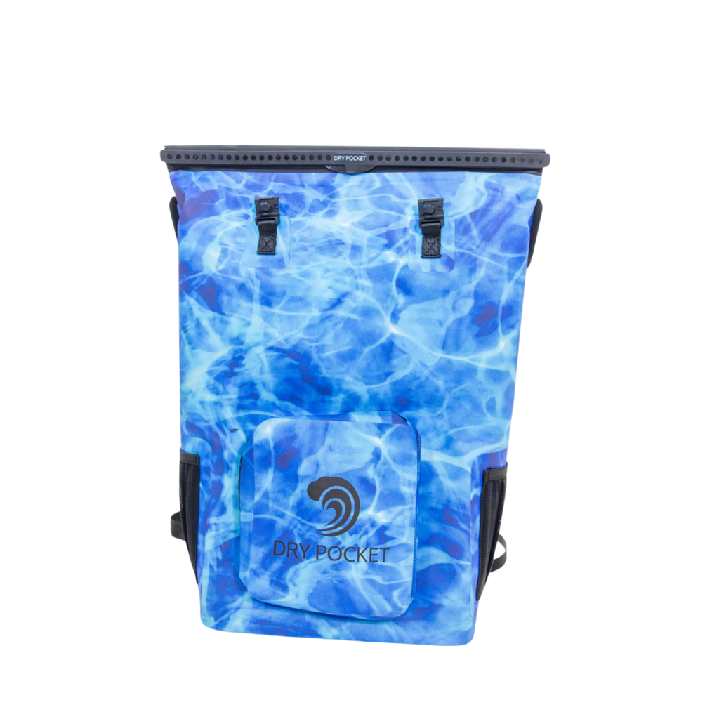 Blue water-patterned Dry Pocket waterproof dry bag for fishing and outdoor adventures