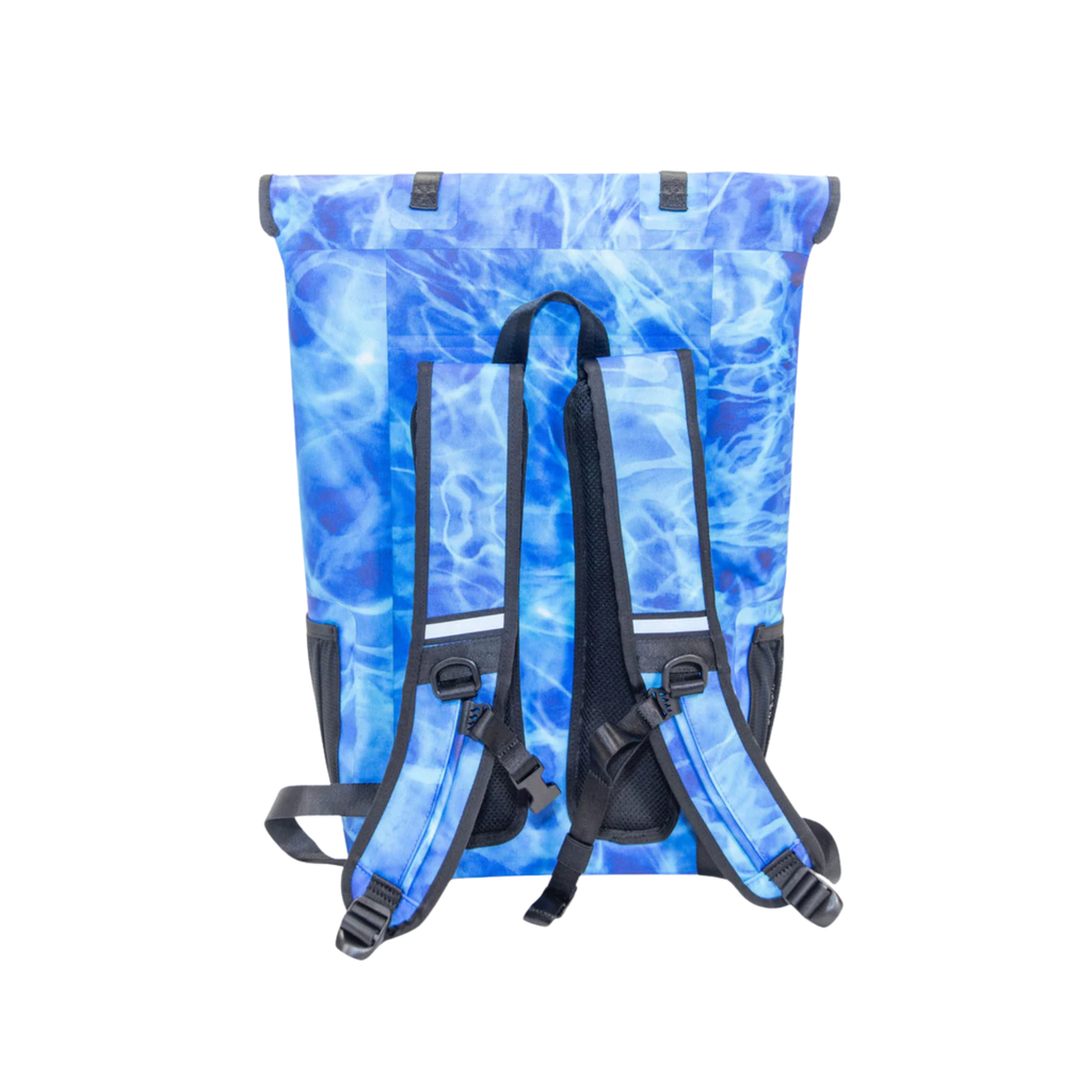 Blue water camo roll-top backpack with black straps for fishing and outdoor adventures