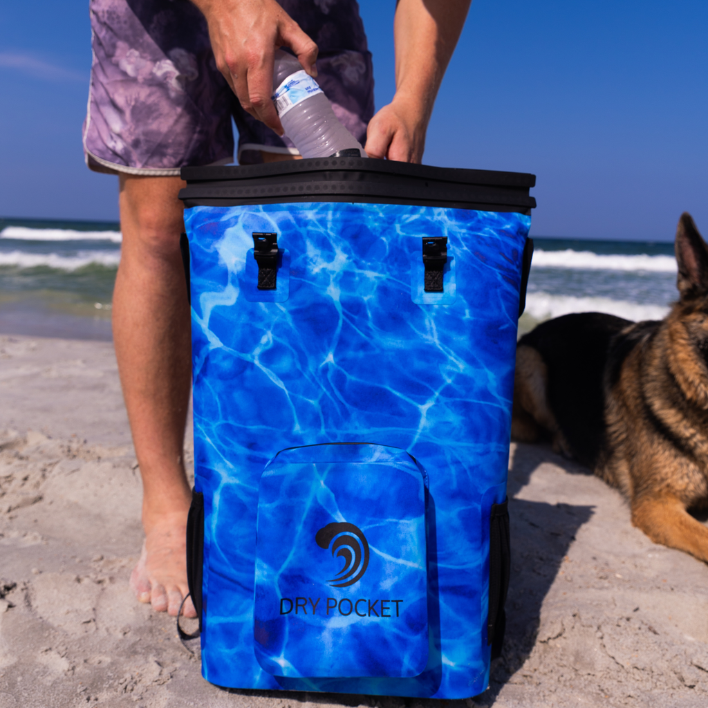 Blue water ripple dry bag with dry pocket, waterproof storage for beach or outdoor adventures