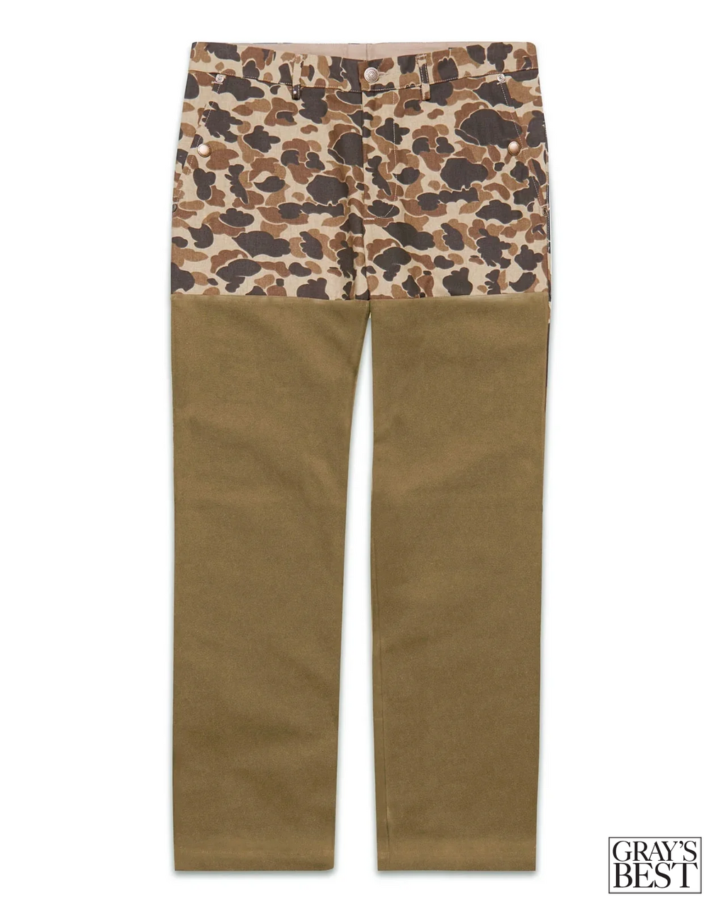 Ball and Buck Midweight Field Pant in Original Camo duck with tan waxed cotton legs, front view