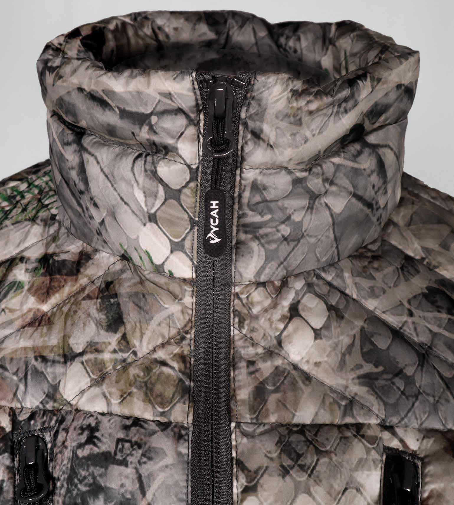Close-up of the collar and main zipper with Vycah pull on the Cobalt Down Jacket in Fall camo