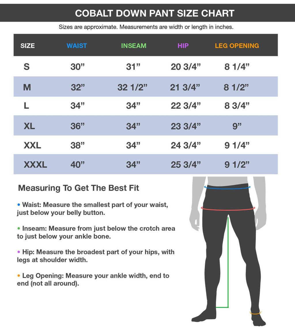 Vycah Cobalt Down Pant size chart with waist, inseam, hip and leg opening measurements, S through 3XL