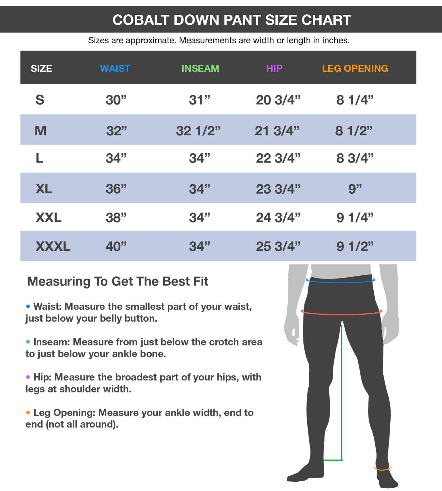 Vycah Cobalt Down Pant size chart with waist, inseam, hip and leg opening measurements, S through 3XL