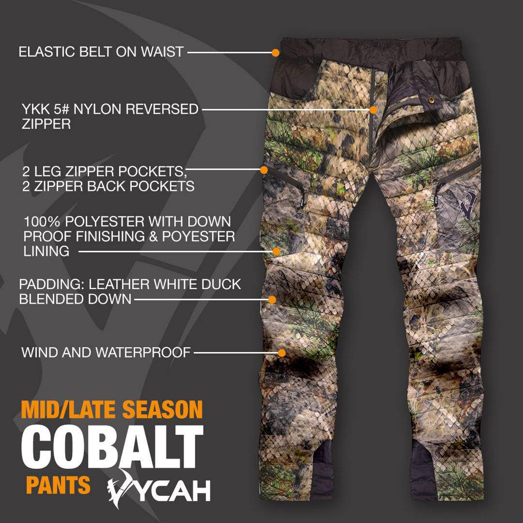 Vycah Cobalt Down Pant features: elastic belt waist, YKK #5 nylon reversed zipper, 2 leg and 2 back zipper pockets, white duck blended down padding, wind and waterproof