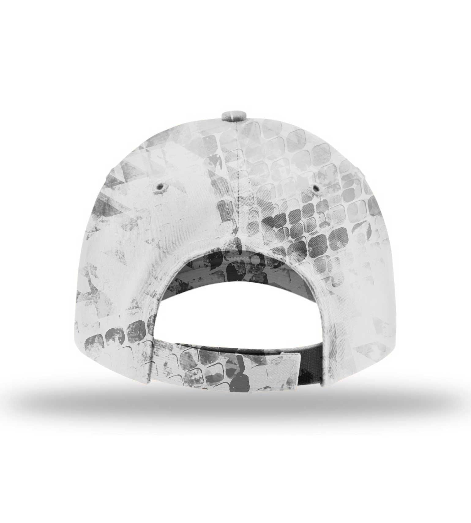 White and gray geometric camo hunting cap with adjustable strap, ideal for outdoor gear and hunting apparel.