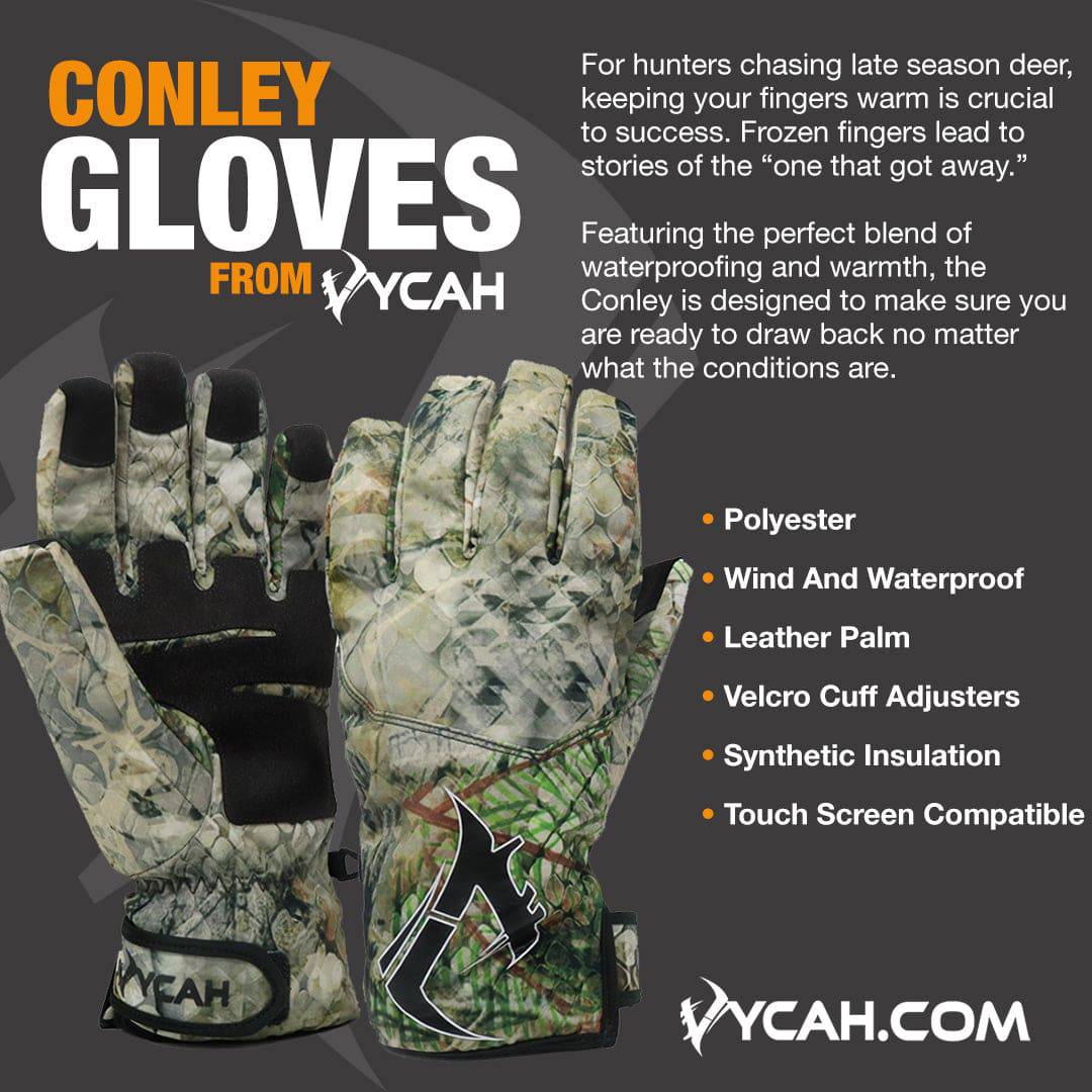 Vycah Conley glove features: polyester, wind and waterproof, leather palm, Velcro cuff adjusters, synthetic insulation, touchscreen compatible