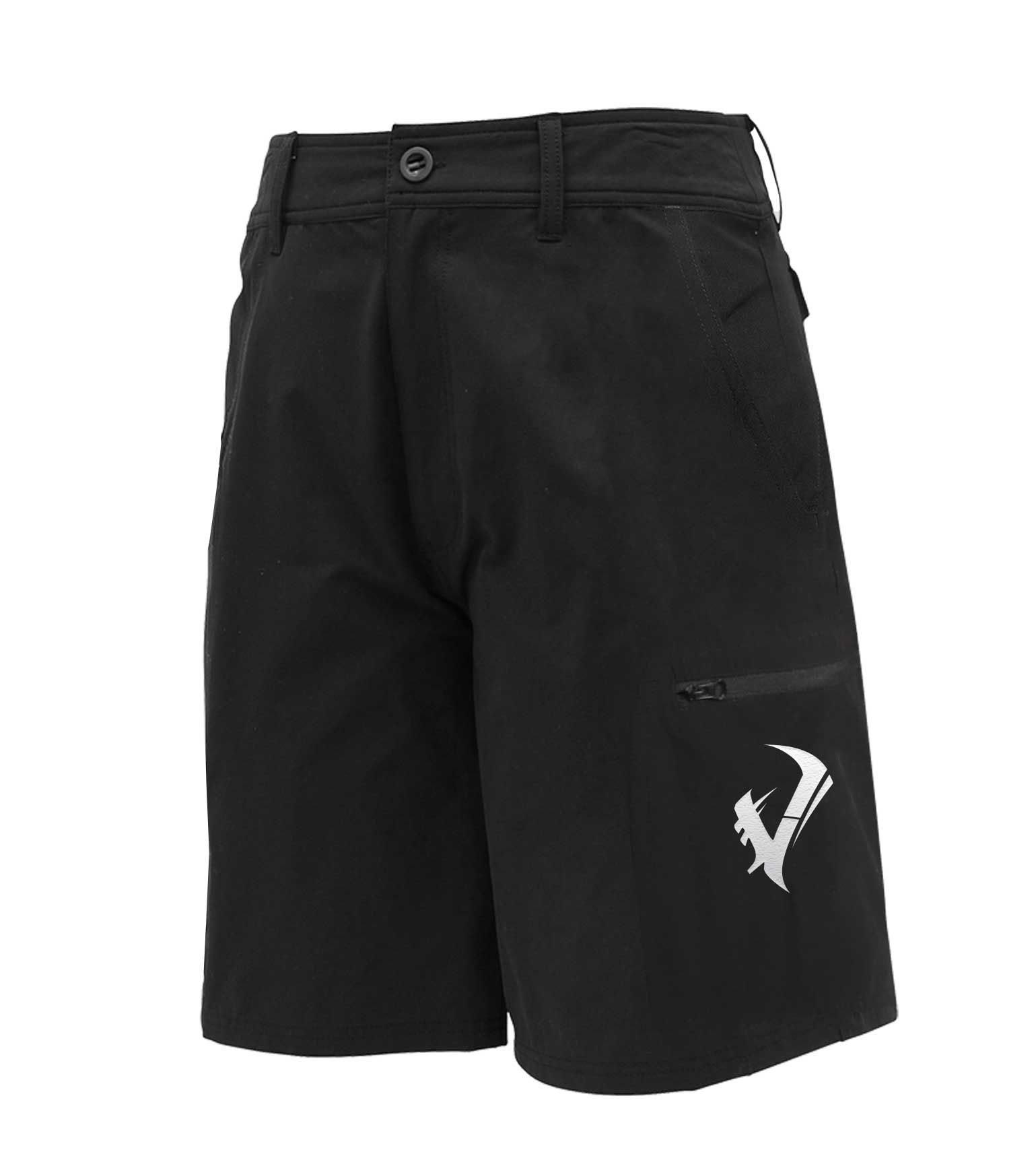 Black hunting shorts with side pocket and white logo, durable outdoor gear for hiking and field use