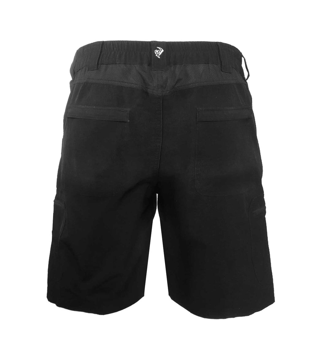 Black tactical cargo shorts with rear pockets, elastic waistband, and drawstring for outdoor hunting use