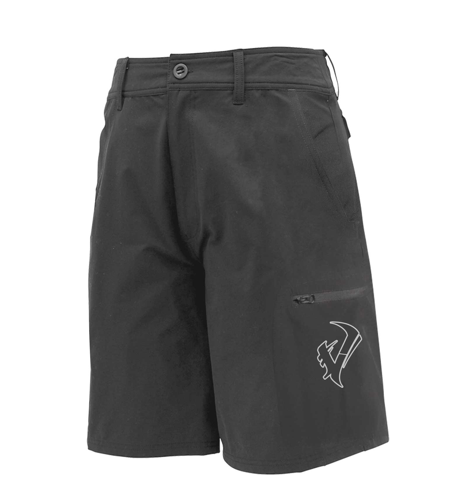 Black hunting shorts with side pocket and logo, durable outdoor gear for hiking and field use