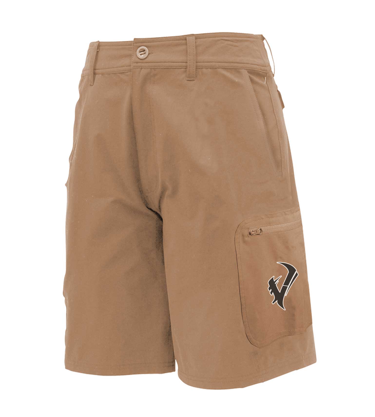 Tan hunting shorts with cargo pockets and logo, ideal for outdoor adventures and field use