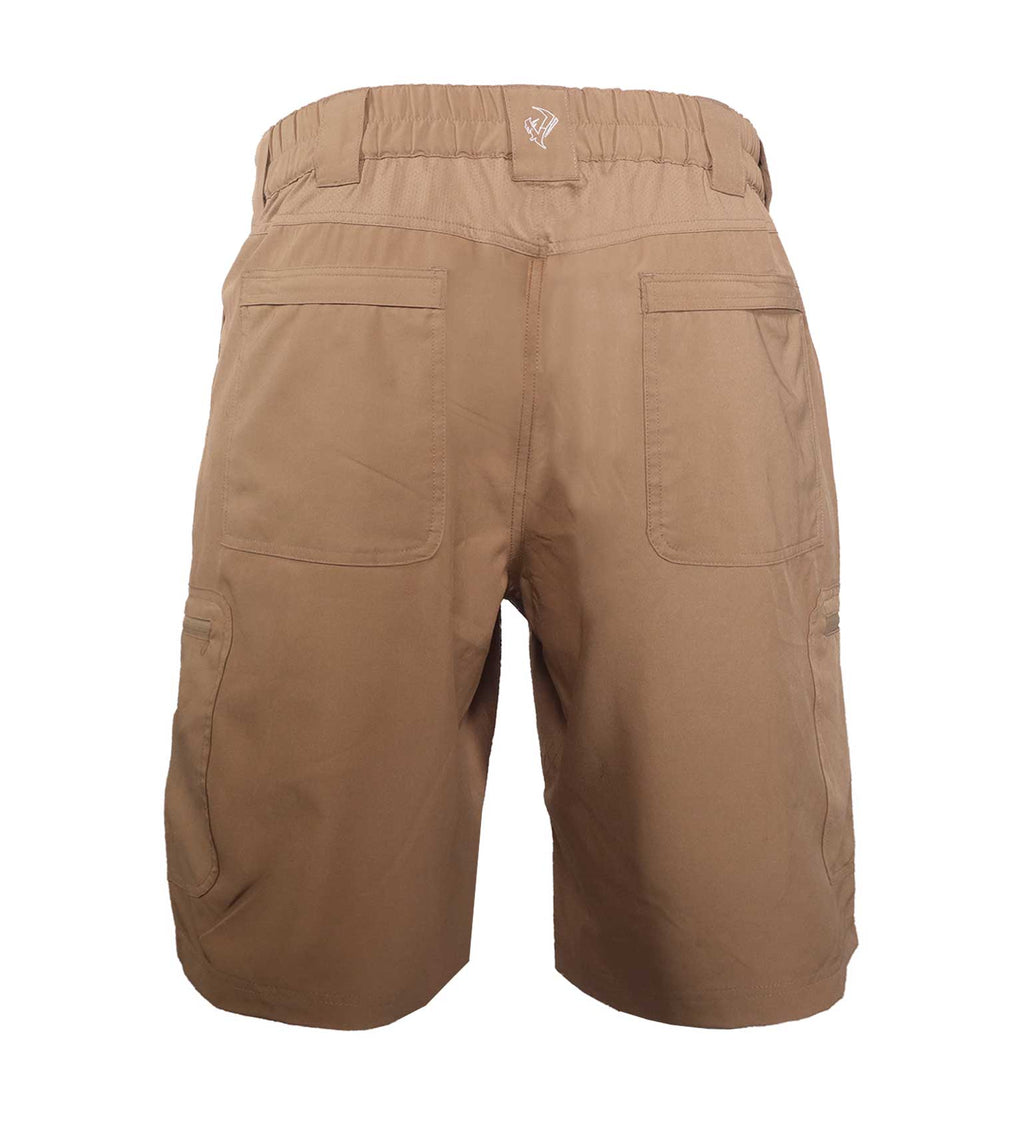 Tan cargo shorts with elastic waistband and multiple pockets for hunting and outdoor use