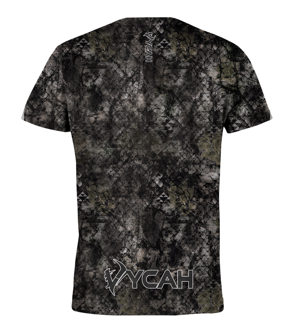Black and gray camo hunting t-shirt with snake scale pattern and geometric designs for outdoor use