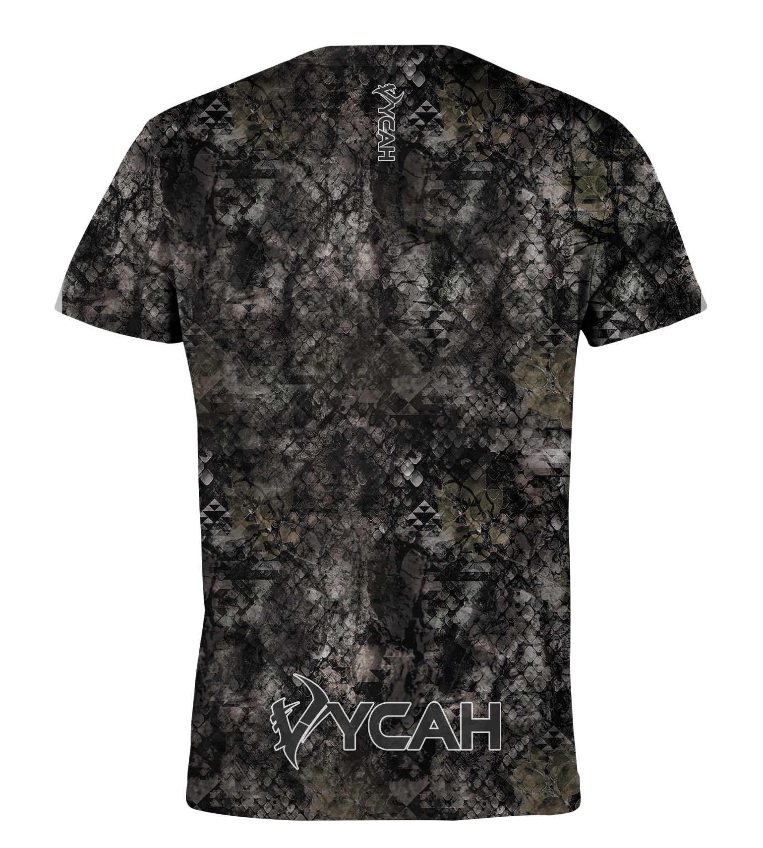 Black and gray camo hunting t-shirt with snake scale pattern and geometric designs for outdoor use