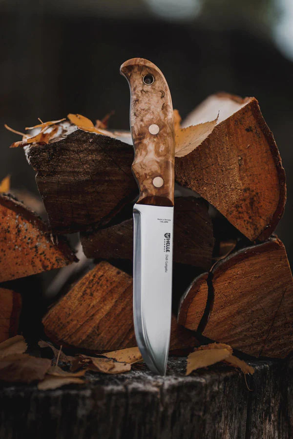 Hunting knife with wood grain handle and stainless steel blade, ideal for outdoor survival and camping gear