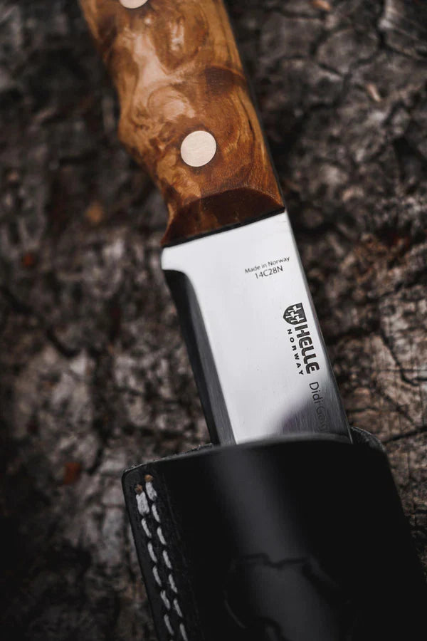 Helle hunting knife with wood handle, 14C28N steel blade, black leather sheath, Made in Norway