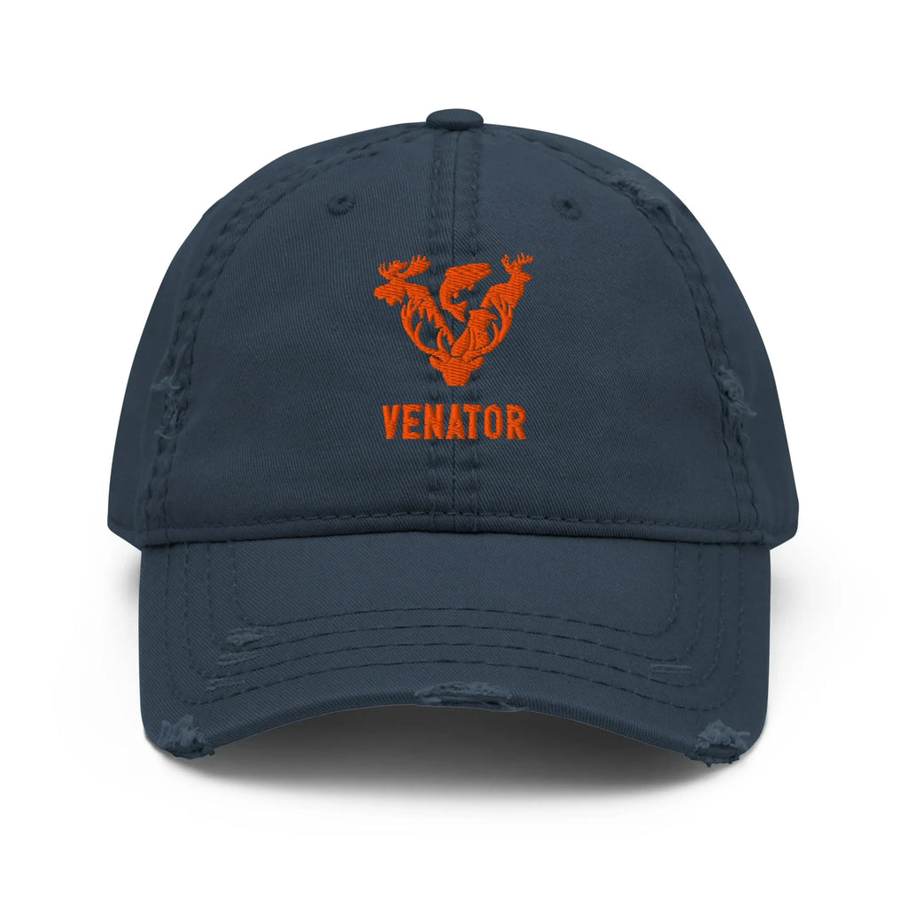 Venator Logo Used Hat worn by old trapper from Montana - navy front | Venator Hunting
