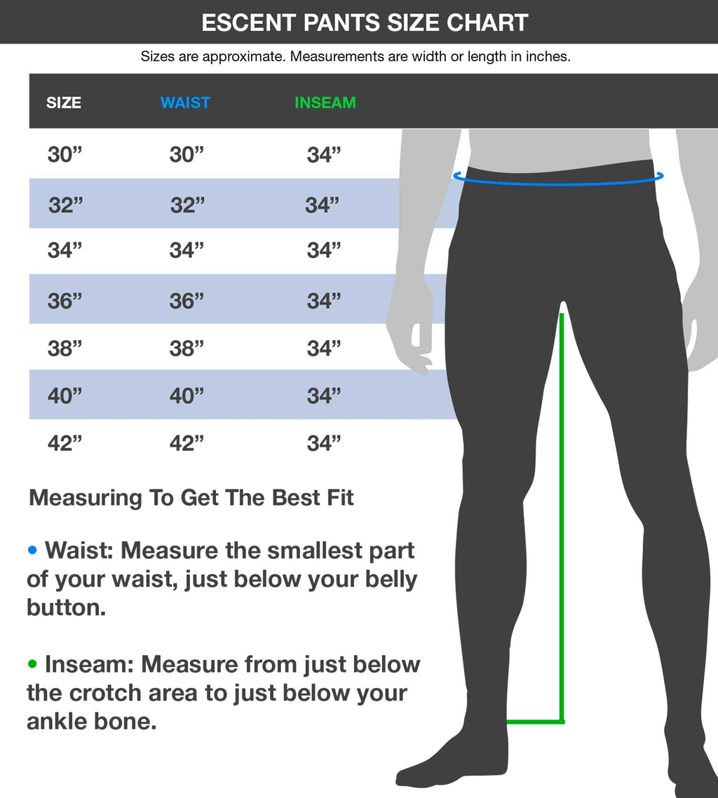 Escent Pants size chart with waist and inseam measurements for hunting apparel fit guide